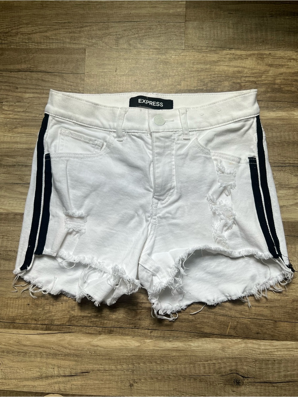 Express White Distressed Denim Shorts with Black Side Stripes